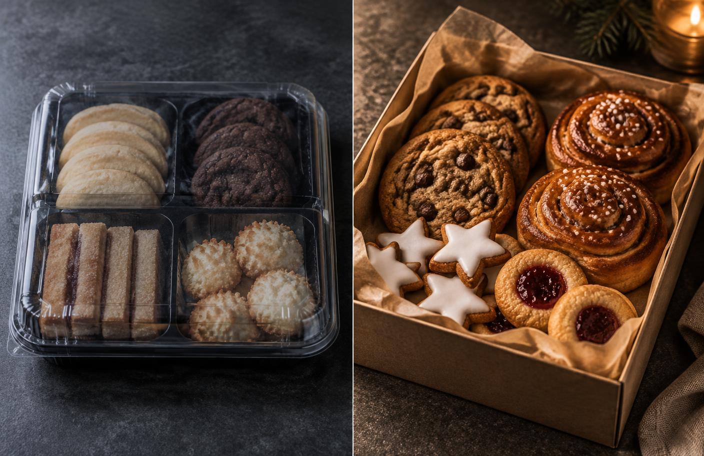 Store-bought dessert tray beside a warm handcrafted bakery box
